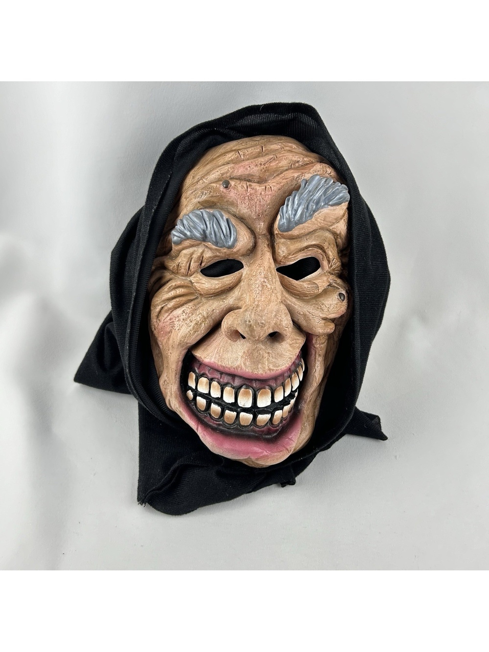 Creepy Old Man Cultist Mask With Hood Sinister Smile & Bushy Eyebrows Adult Size